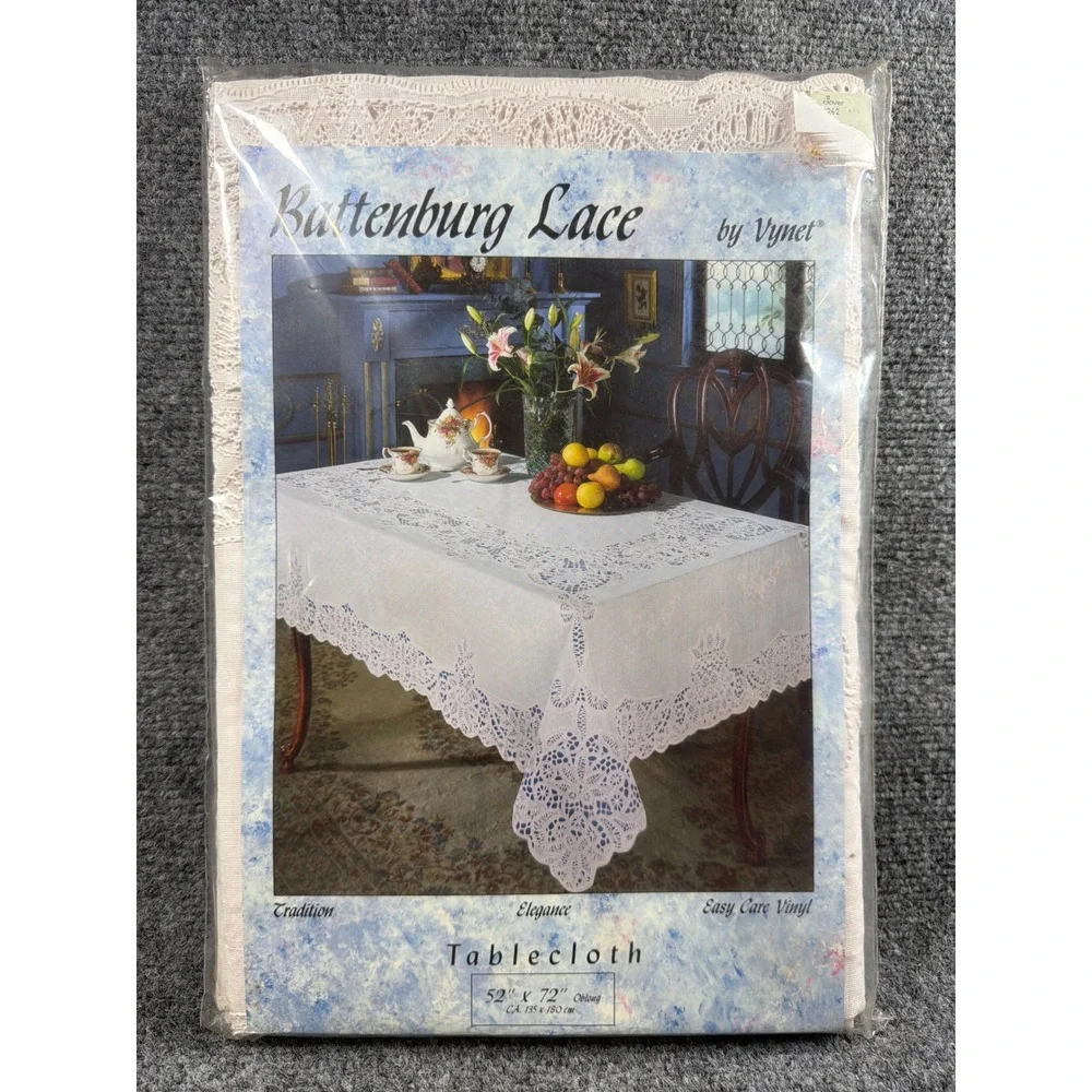 Vintage Vynet Battenburg Lace Vinyl Tablecloth White 52 x 72 Oblong